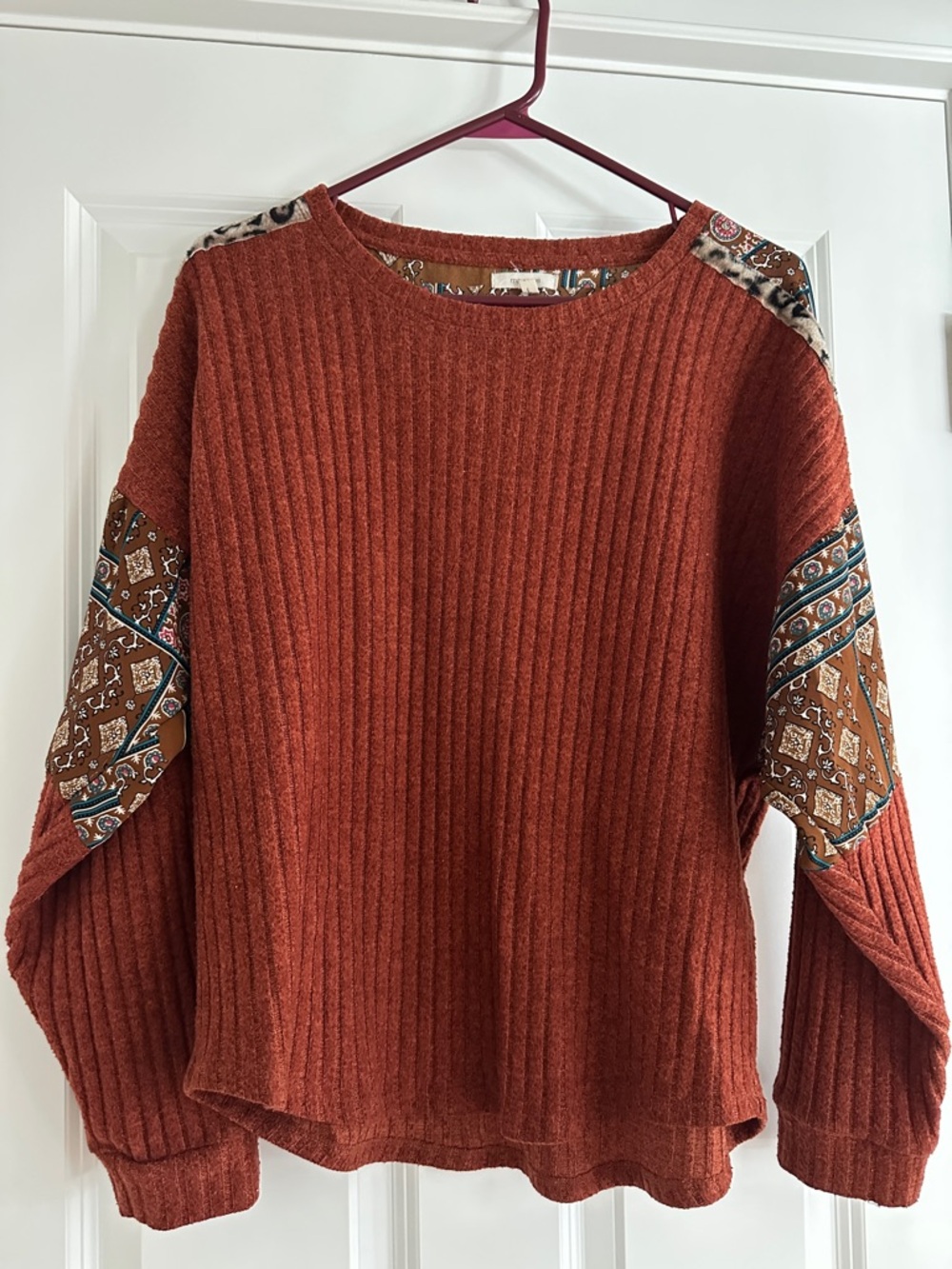 Maurices Rust Ribbed Sweater with Patterned Sleeve Insets